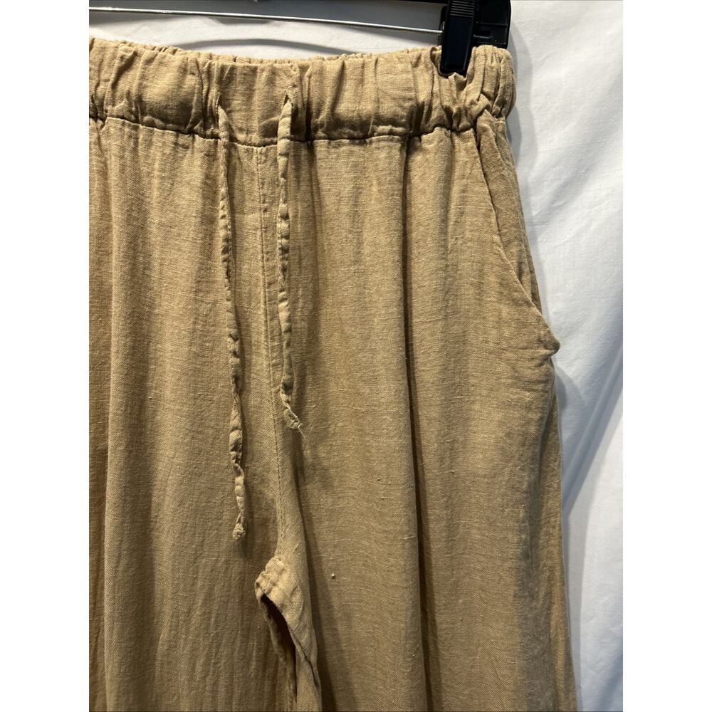 JS Millenium Pants 30” Elastic Waist Beige Wide Leg 100% Linen Italy Raw Hem - Picture 4 of 8